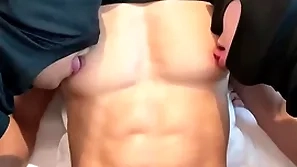 Amazing quarter six line and big pecs asian guy nipple simulated and sucked