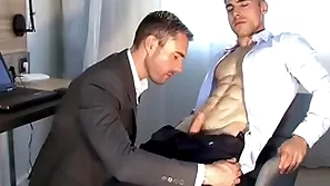 Handsome blonde fitness compressed serviced hard by a huge dick guy.