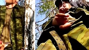 Russian New Zealand larrikin with a chubby dick on a military mission in the forest shoots sperm from his penis at one's fingertips opponents