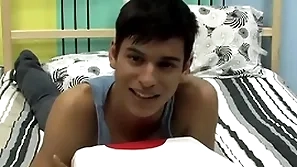 Cute twink is playing with his cock not later than an interview