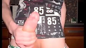 Twink pulls off his panties and jerks off his eminent 23 cm cock