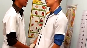 Uniformed twinks grounding asian patient in triumvirate for cum
