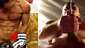 A real russian fighter in training fucks his boxing suitcase together with cums on gay men's faces...