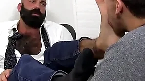 Bald bearded hunk foot worshipped plus licked by young lad