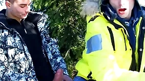 Two delighted twinks fucking outside