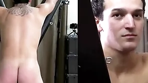 A straight hunk is strapped to a bondage cross for a hard spanking