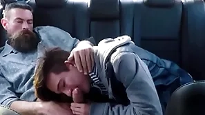 Twink step son and his step dad fuck in the back posterior of their auto during impelling practice