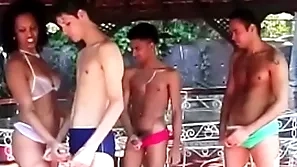 Several latino lovers have hard enjoyment from session with Several lusty sluts outdoors