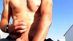 Porn star beggar with idyllic cock and body outdoors hither a public rendezvous jerks off his conceitedly cock until he cums with loud moans you170