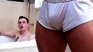 Showerbait big dick interracial shower fuck involving facial