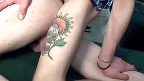 Two horny chavvy friends enjoy grabbing each other’s cocks more than the sofa.