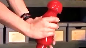 Kinky bdsm brace takes massive dildo